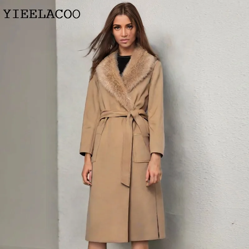 

Женское пальто, классическая куртка с воротником из искусственного меха, цельное весенне-осеннее модное повседневное длинное шерстяное пальто с двойным карманом на шнуровке