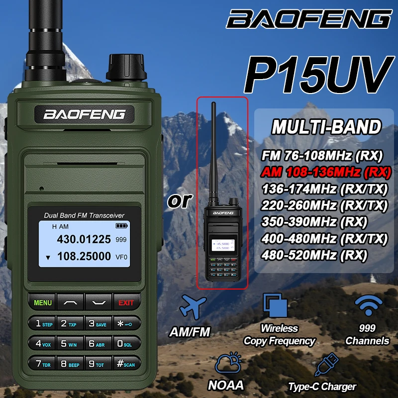 Baofeng P15UV Walkie Talkie Air Band AM FM Multi Band Wireless Copy Frequency 999CH Type-C NOAA VOX Long Range Two Way Ham Radio