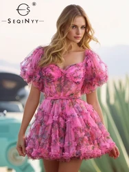 SEQINYY Elegant Mini Dress Summer Spring New Fashion Design Women Runway Short Puff Sleeve Vintage Flower Print Ruffles Mesh