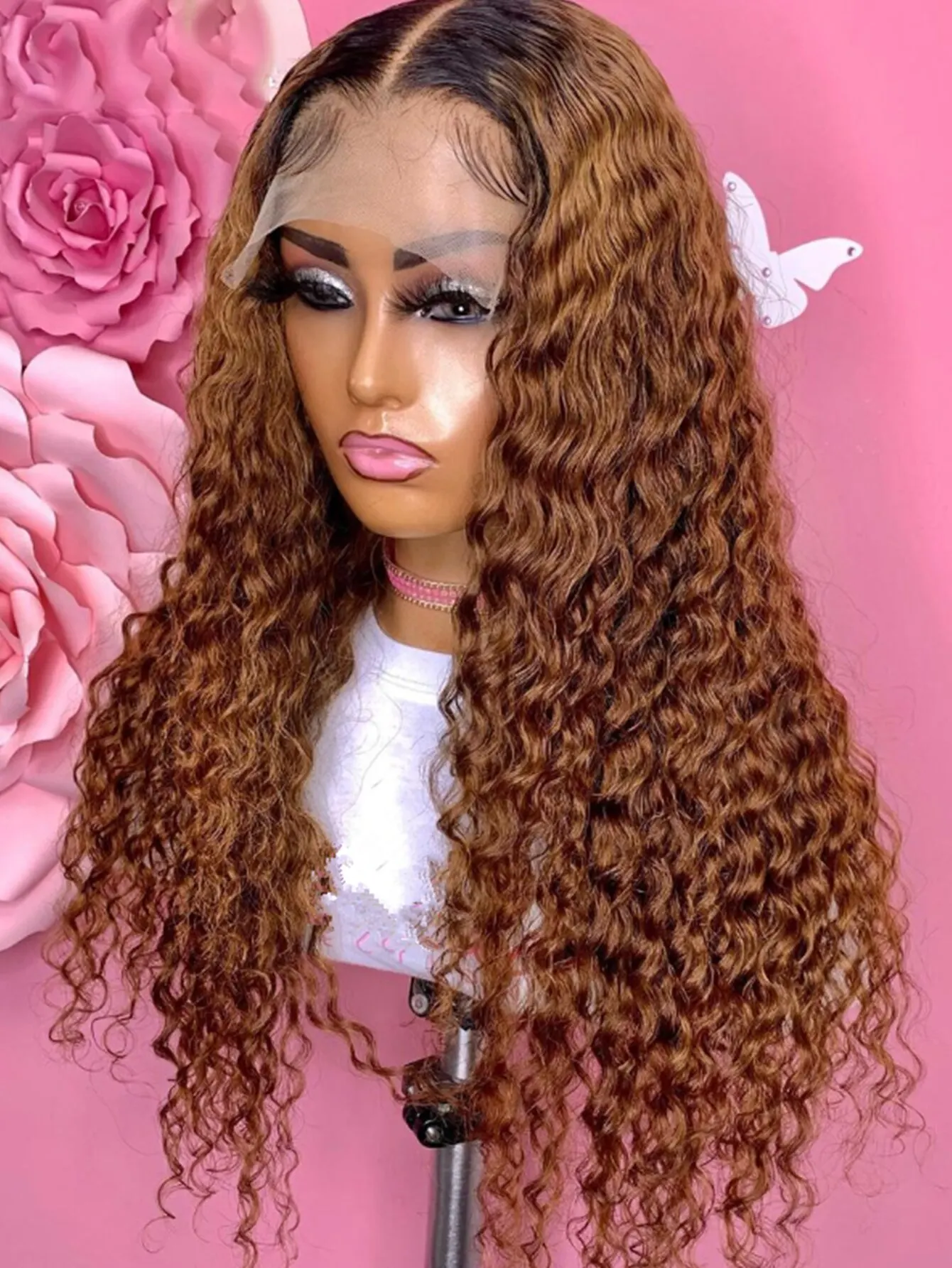 Kinky Curly Sintético Lace Front Wig, Natural Ombre, Cosplay de Alta Temperatura, Glueless Diário, Macio, 26 Longo, 180 Densidade, 1B Brown, 26