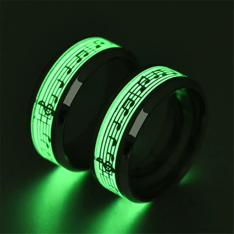 

Fashion Stainless Steel Luminous Rings for Men Women Music Stave Pattern Glowing In Dark Couple Ring Wedding Bands Jewelry Gift