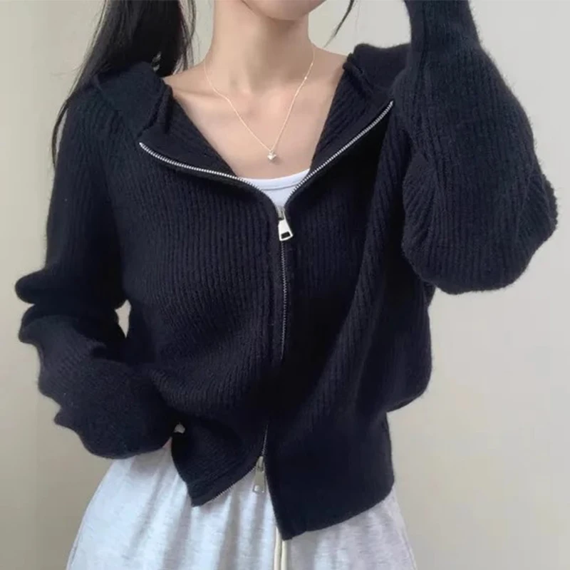 Chic Autumn Winter Knitted Sweater Jaet Women's Soft Gentle Collar Double Zipper Design Slimming Stripes Versatile Outerwear