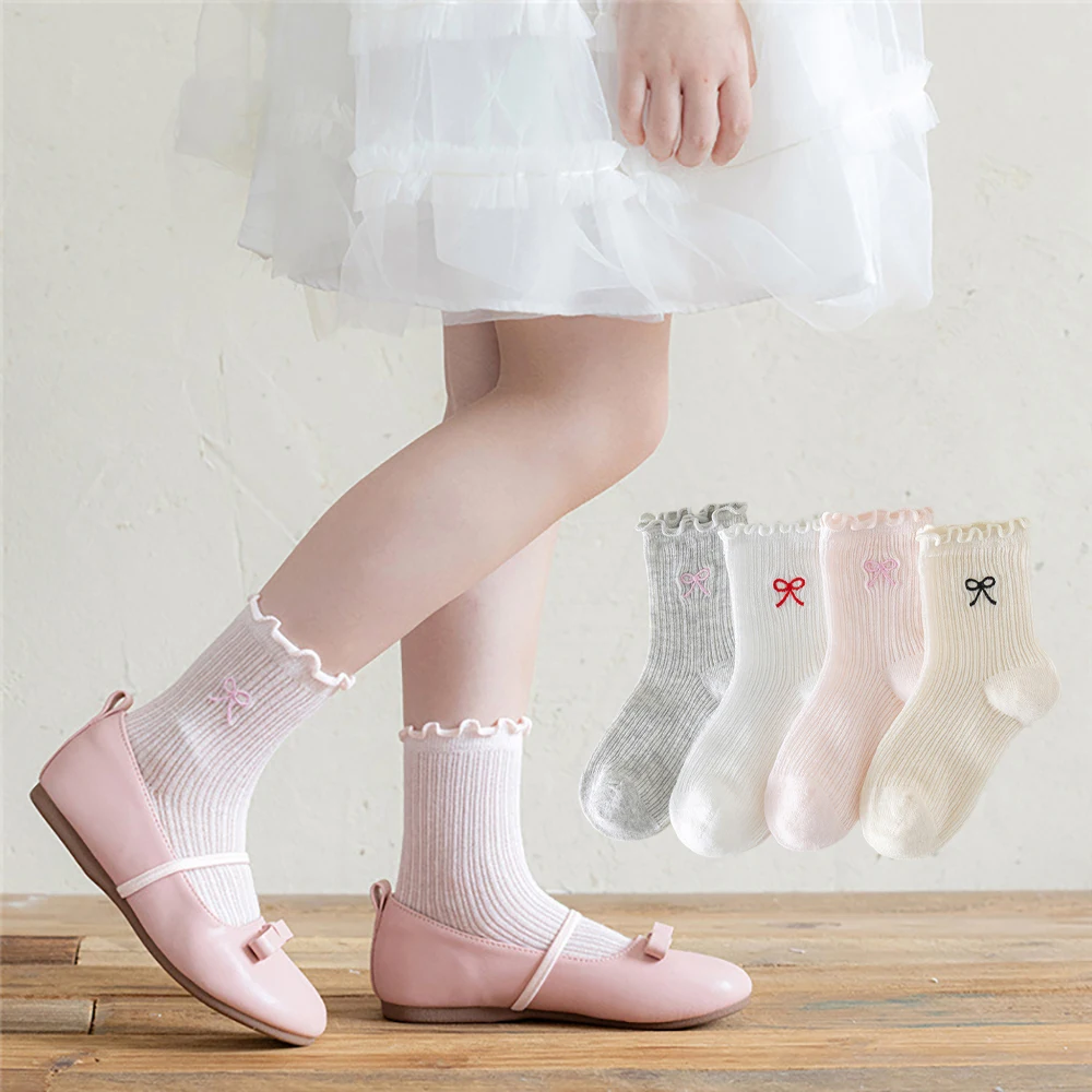 4 Pairs a Lot Summer Girls Princess Socks 1-12T Sweet Bow Kids Knee-high Socks Thin Breathable Comfortable Children Socks