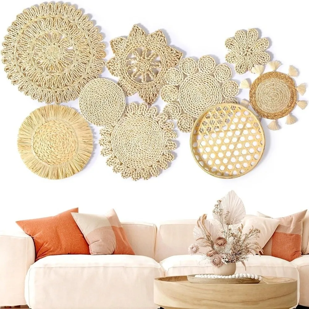 Boho Straw Woven Tray Wall Decor Macrame Round Basket Straw Wall Hangings Non Slip Heat Resistant Woven Coaster Placemat