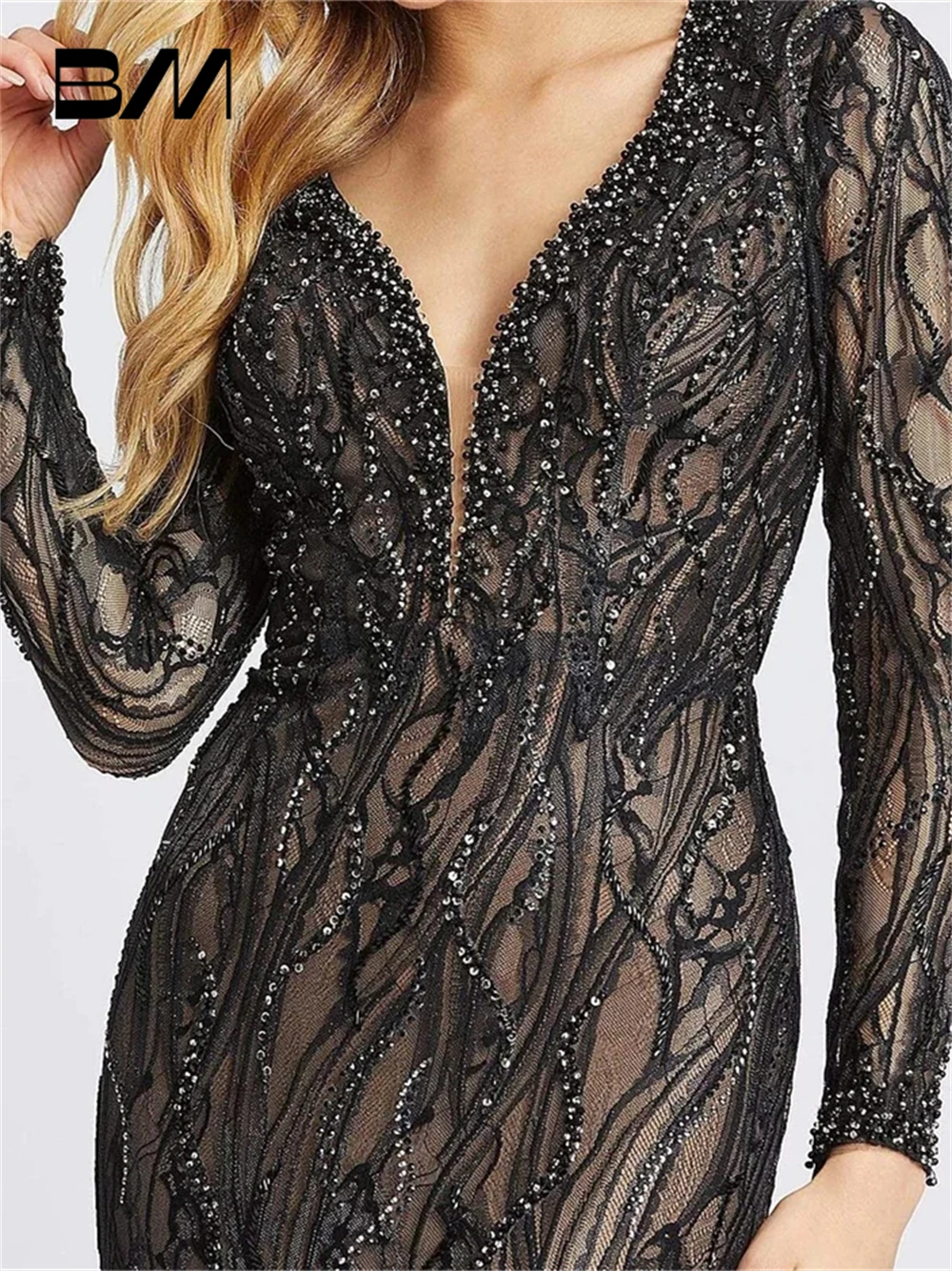 Hand-sewn Beaded Black Prom Dress Sexy Long Sleeves Illusion Mermaid Evening Dresses Wedding Party Gown Custom Made