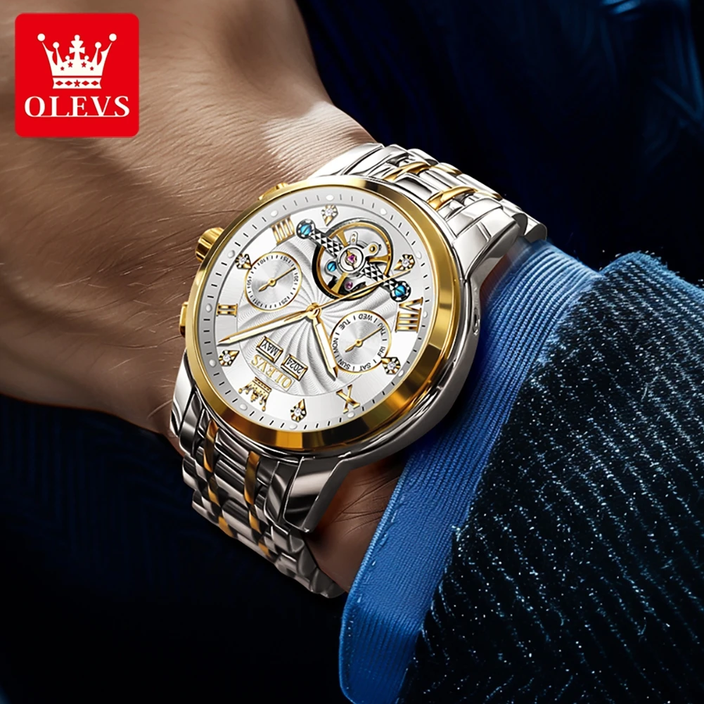 OLEVS 7088 reloj Original de lujo para hombre, cronógrafo con fecha, reloj mecánico resistente al agua de acero inoxidable para hombre, nuevo