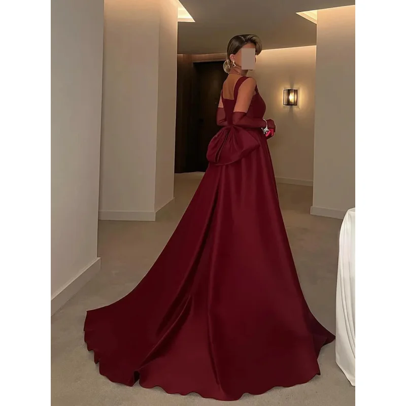 Indie Sexy Burgundy A-line Prom Dress Women Customized Square Neck Bow Party Evening Gown Floor Length Special Occasion Dresses