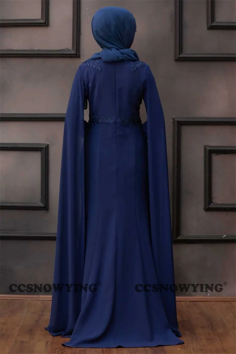 Chiffon muçulmano apliques vestidos de noite manga longa com cabo islâmico vestido de baile de formatura feminino hijab formal vestido de festa robe de soiree