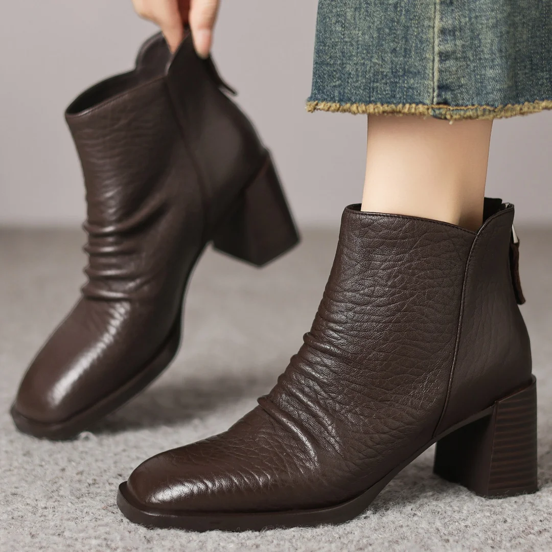 

Women's sheepskin square toe pleated back zip autumn ankle boots elegant ladies OL style 6.5cm thick high heel dress short boots