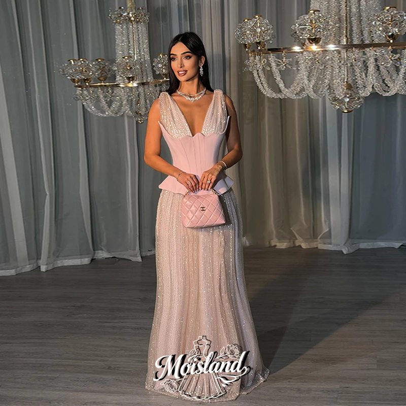 MOISLAND Customized Pink Sequined Evening Dress Spaghetti Strap Elegant Floor length Prom Dresses Women's Formal Gown
