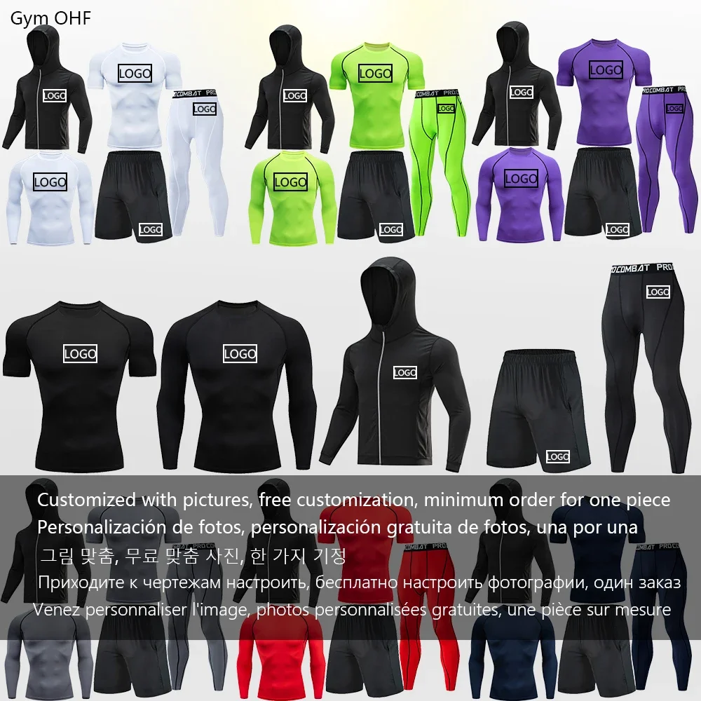 Men T Shirt Customizable LOGO Gym Rashguard Men Tight Sportswear Running Training Leggings Tops