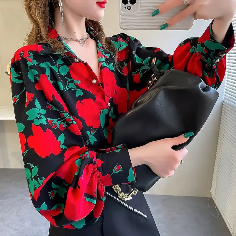 Spring Autumn 2023 New Fashion Printing Turn-down Collar Lantern Sleeve Blouse Ladies All-match Buttons Loose Shirts Women\'s