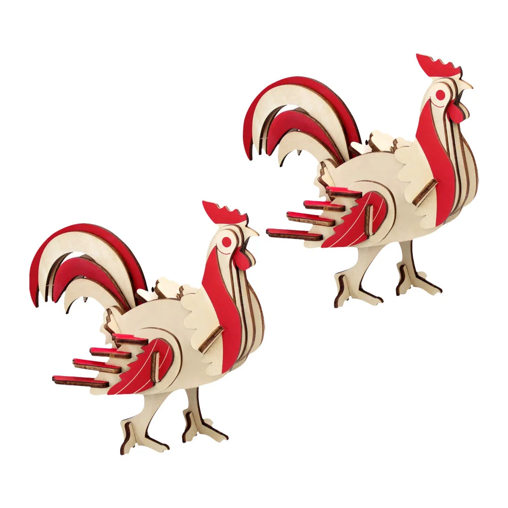 2 Sets Wooden Rooster Puzzle Assembling DIY Toy Assembled Kids Jigsaw Children's Toys Statue