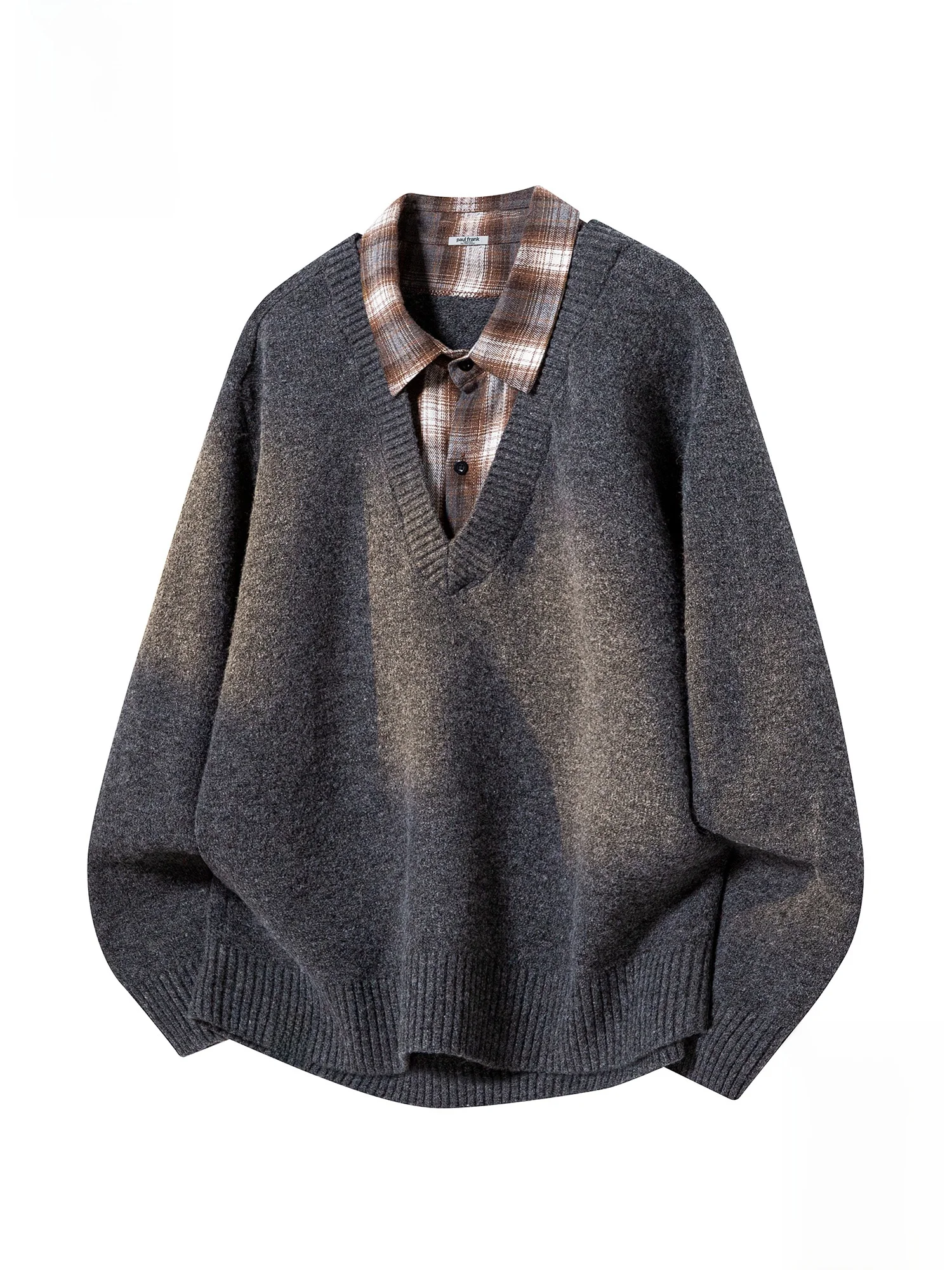 

PaulFrank M Knitted V-Ne Sweater Retro Patchwork Plaid Collar Spring Casual Sle Polyester Blend Long Sve Top