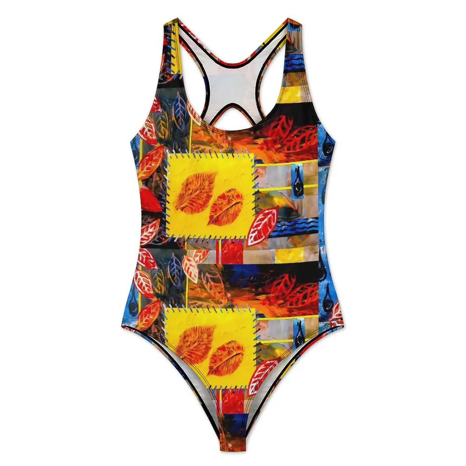 Patchwork Print Swimsuit Red Leaves Push Up Swimwear One Piece Surfing Bathing Suits Bodysuit Sexy Design Beach Wear Large Size