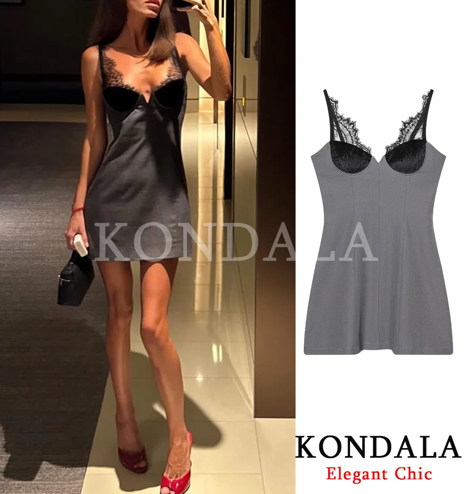 فستان KONDALA مثير من الدانتيل بفتحة رقبة شكل v عميقة فستان قصير بدون أكمام بدون ظهر للنساء لربيع وصيف 2026 فستان حفلات العشاء والتاريخ للسيدات