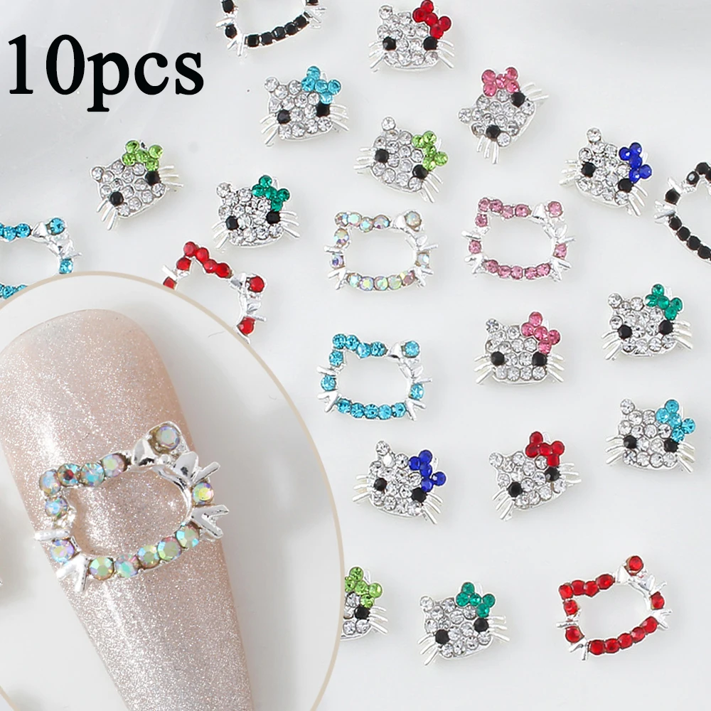 10PCS Y2K Hello Kitty Nail Charms Sanrio 3D Alloy Full Diamond Hollow Out Jewelry Nail Art Rhinestone Charms Cartoon Manicure