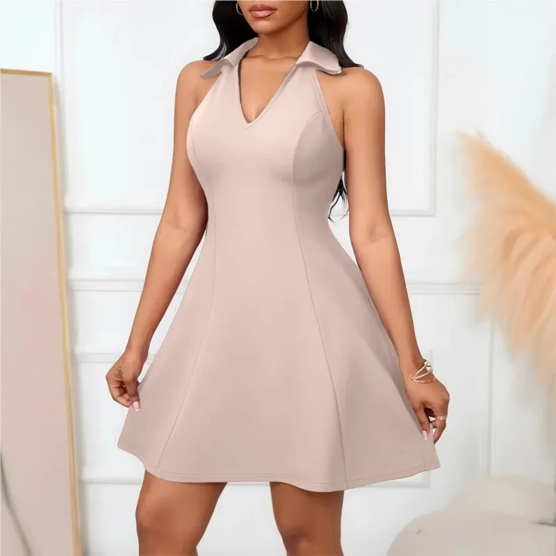 

Summer Sexy V-neck Mini Dress For Women Fashion Solid Color Sleeveless Slim Fit Dresses Ladies Foreign Style High Waist Vestidos