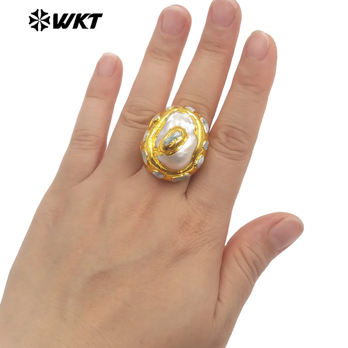 

WT-MPR141 Popular Nice Green Jade Natural Pearl Larimar Popular Design US7 Ring For Women Daily ACC