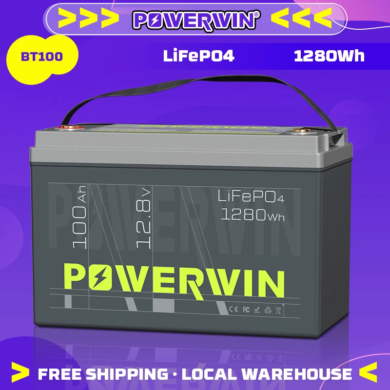 

1280 Втч LiFePO4 аккумулятор 12,8 В 100 Ач POWERWIN BT100 Встроенная автономная система BMS Солнечная энергия 4000 + глубокий цикл Радар-детектор рыбы