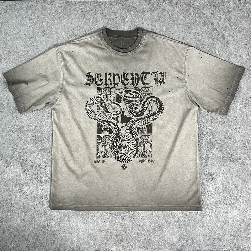 

Artiemaster Trendy High Street T-irt with Snake Print Fake Double Collar ort Sve Worn Waed out Vintage Hole Design f...