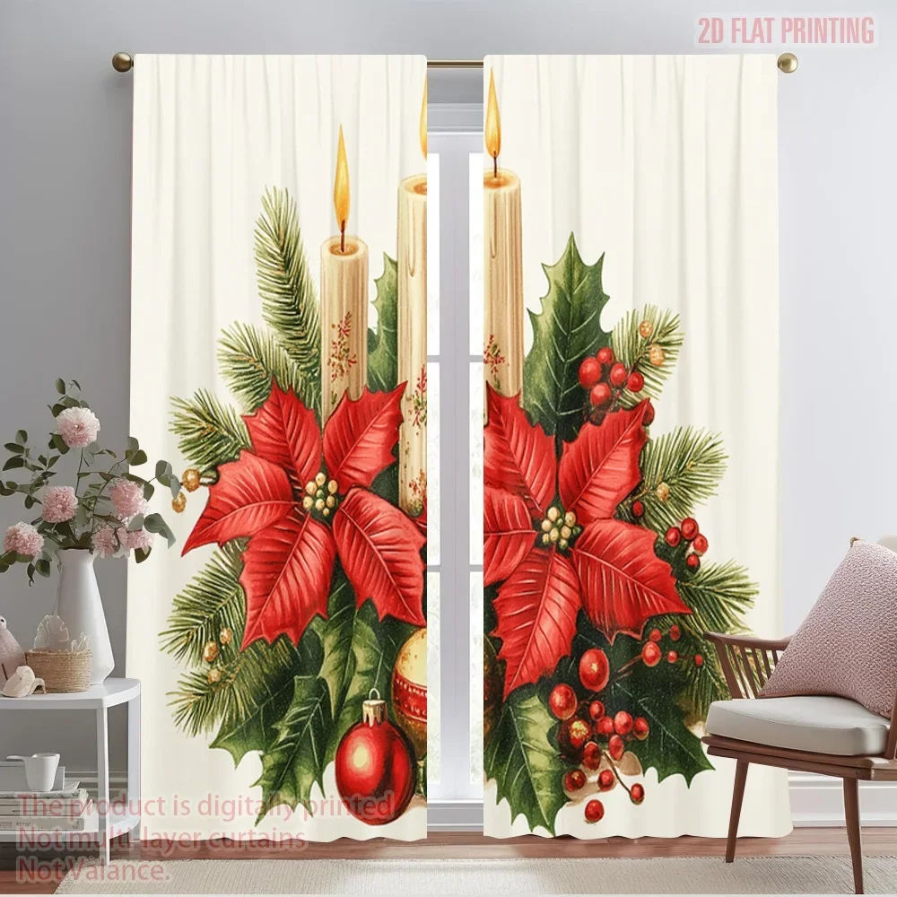 2pcs,2D plane printing Curtains Christmas Candles Poinsettias Ornaments (2) Polyester (without rod) Decorations Outdoor for Home