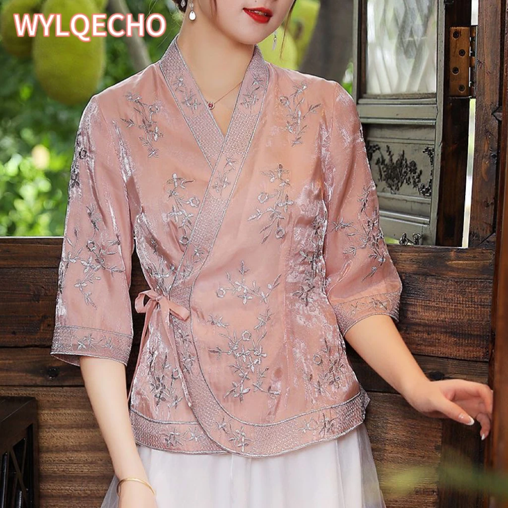 

2024 hanfu women's improved short women's wear chinese style oblique front lacing lady embroidery ethnic style tangsuits top