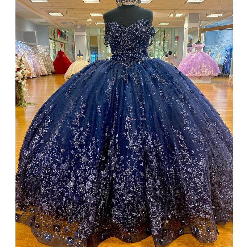 

Navy Blue Shiny Off the Shoulder Ball Gown Quinceanera Dresses For 15 Years Old Party Applique Lace Cinderella 16 Princess Gown