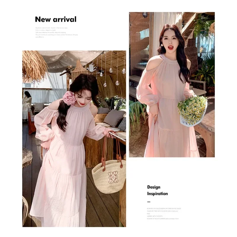 Plus Size Lolita Halter Pink Dress Women 2024 Long Sleeves Vacation Summer Robe Graceful Socialite Loose Long Blue Clothes New