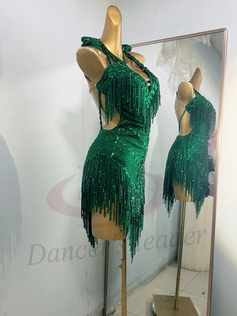 Costume de danse latine AB Stone pour femmes et enfants, robe verte Jade personnalisée haut de gamme, robe de spectacle Samba