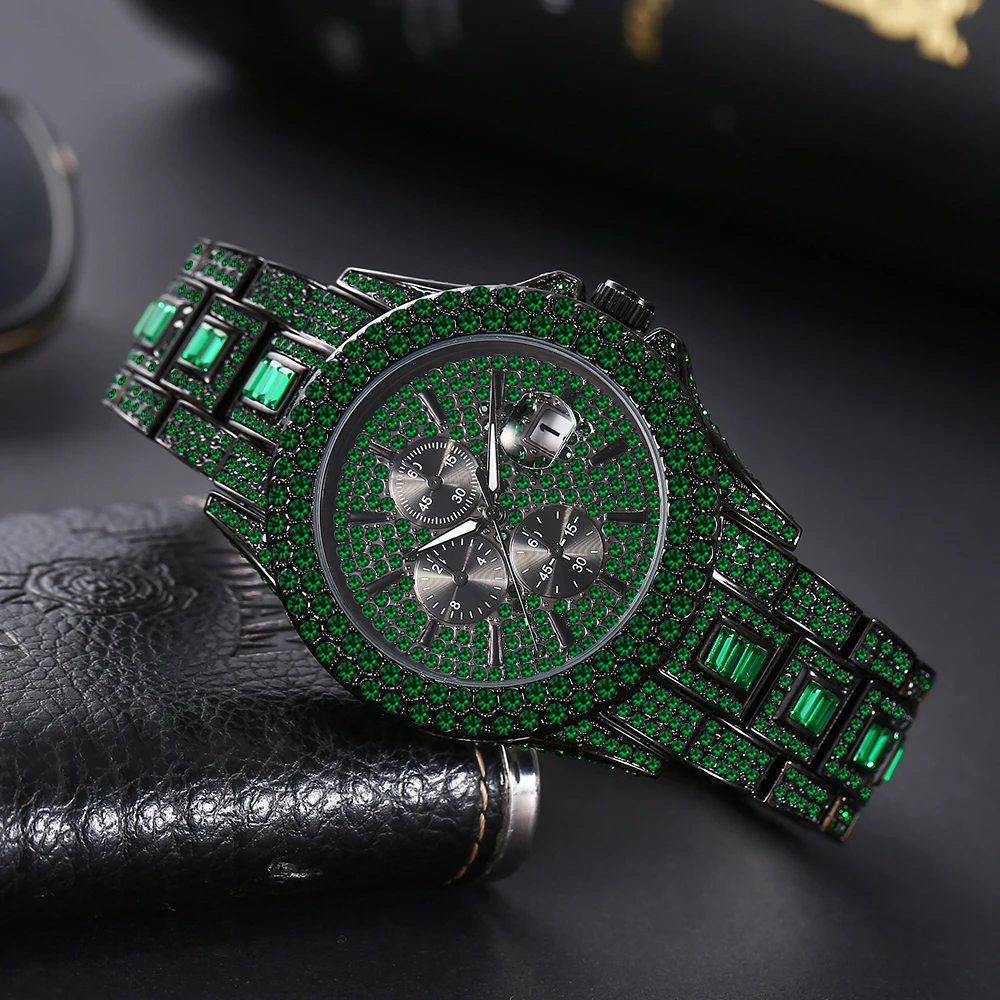 Luxury Men Watches Personalized Green Blingbling  Diamond Quartz Timepiece Fashion Ice Out  Male Wristwatch Best Sale For Gift