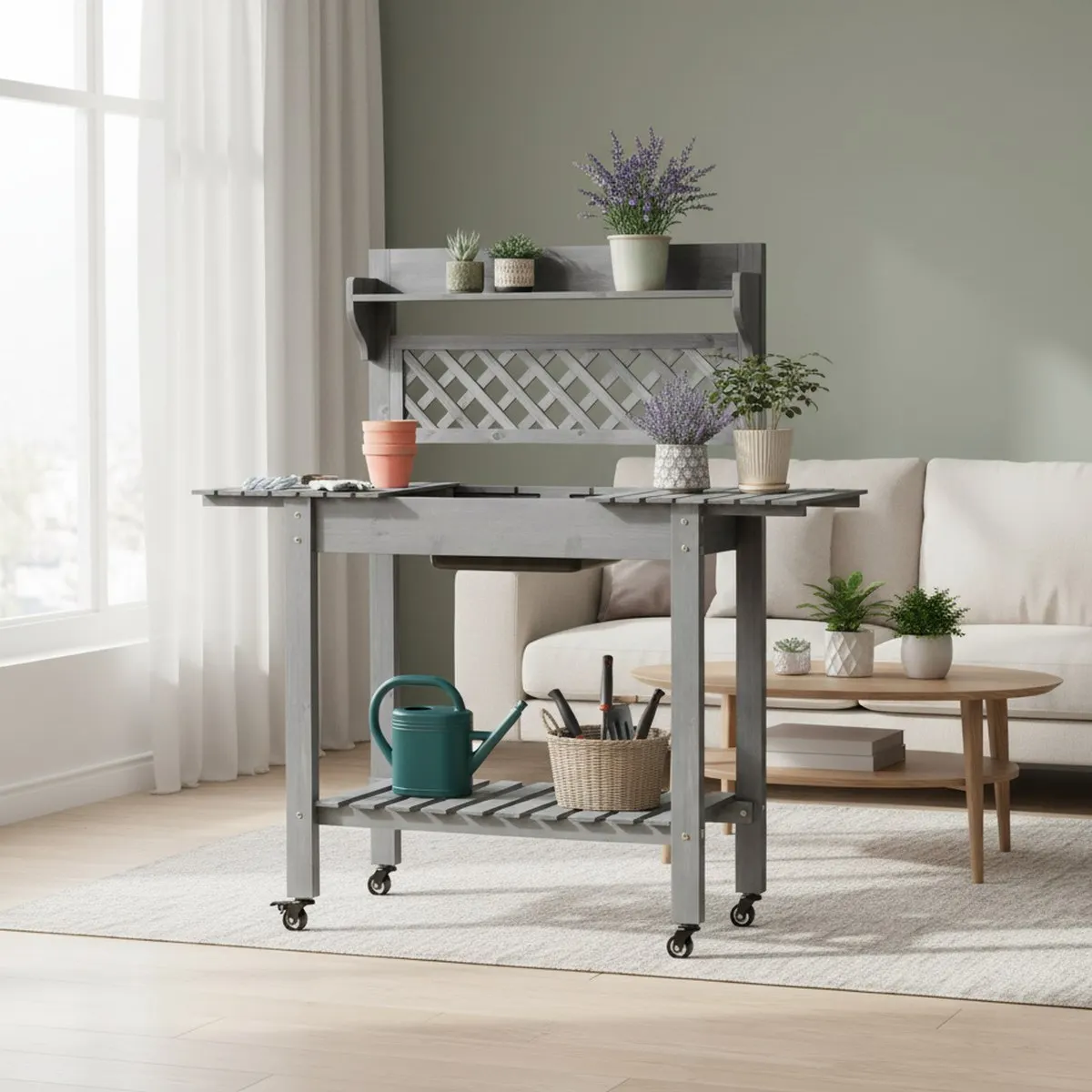 Outdoor Potting Bench with Sink Gray Garden Table Lower Shelf for Planting Tool Storage Outdoor Garden Work