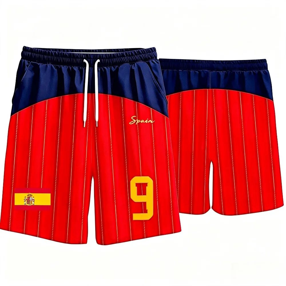 Red Navy Vertical Stripe Print Men Sports Shorts Quick Dry Breathable Drawstring Workout Beach Short Pants