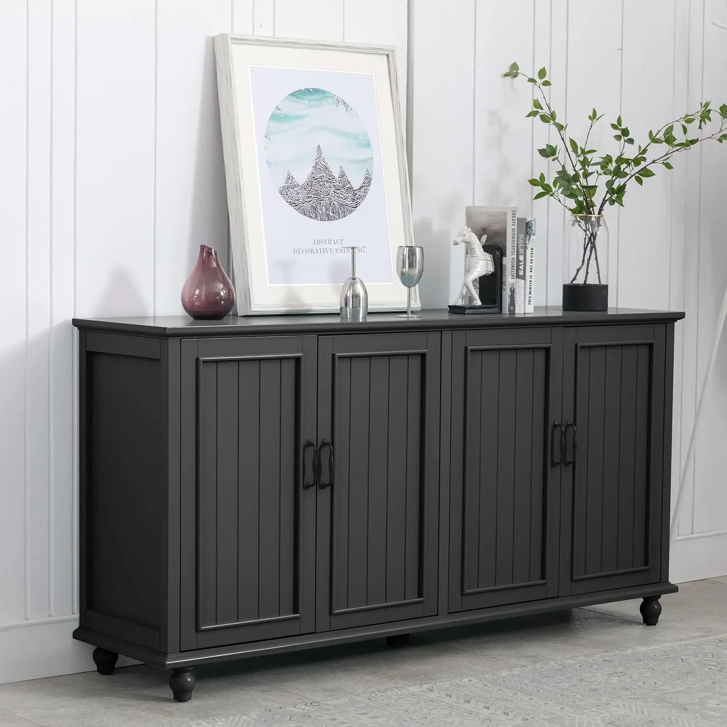 Cabinet Kitchen Buffet Storage Cabinet, Sideboard Buffet Cabinet for Dinning Room, Kitchen & Living Room (4 Doors, Black)