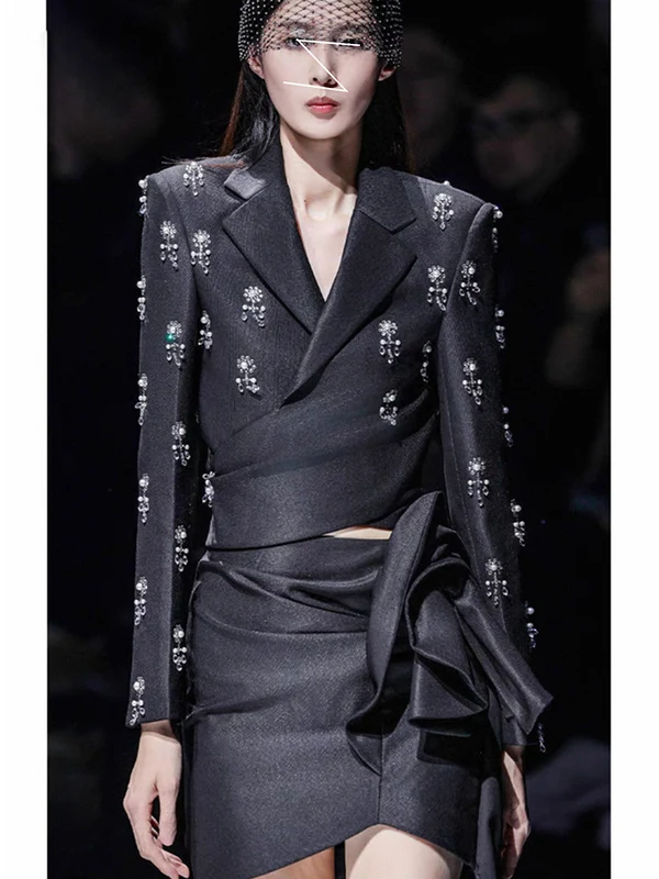 

Elegant Short Suit Jacket Women's Fashion Cross-Belted Bead-Embroidered Fringed Slimming Spring Vintage Waist-Cinching Outerwear