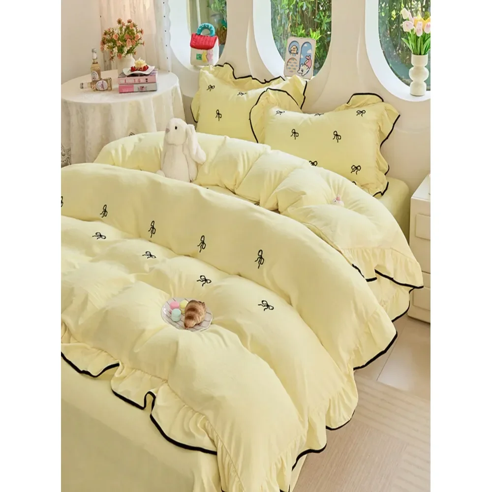 

Ruffled Embroidered Bowknot Duvet Cover Set, Extra Large Size, Soft Fabric, With Zipper Tie, Suitable For Girls Bedroom Decor,