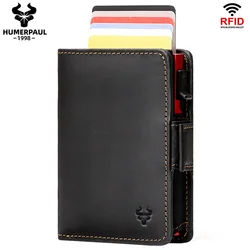 HUMERPAUL Pop-up Card Holder Genuine Leather Iron Wallets for Men RFID Protect Metal Cardholder Zipper Coin Purse with Chain