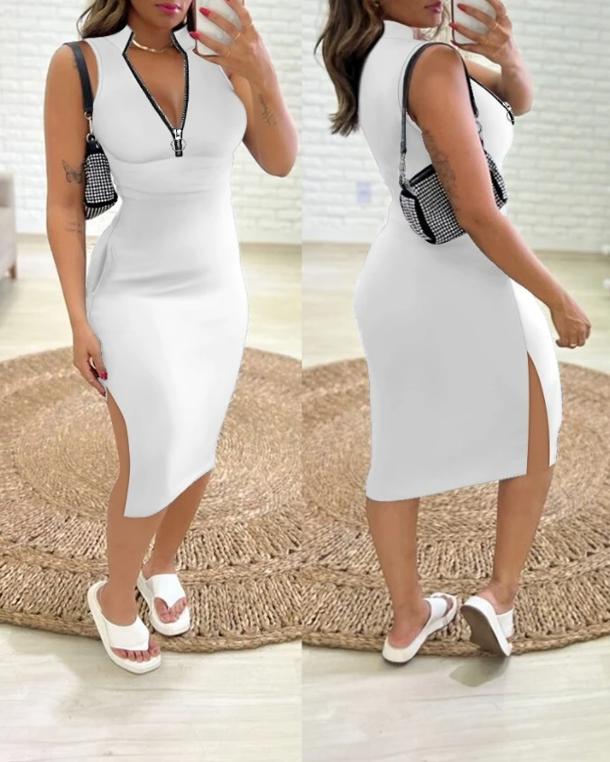 

Sexy Elegant Dresses for Women Zipper Pocket Design Slit Bodycon Dress New Fashion 2024 Summer Casual Female Clothing Outfits