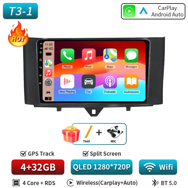 Android 16 Autoradio Voor Smart Fortwo 451 2010-2015 Multimedia GPS Navigatie DSP RDS 4G SWC CarPlay 2Din 9 inch Android Auto BT