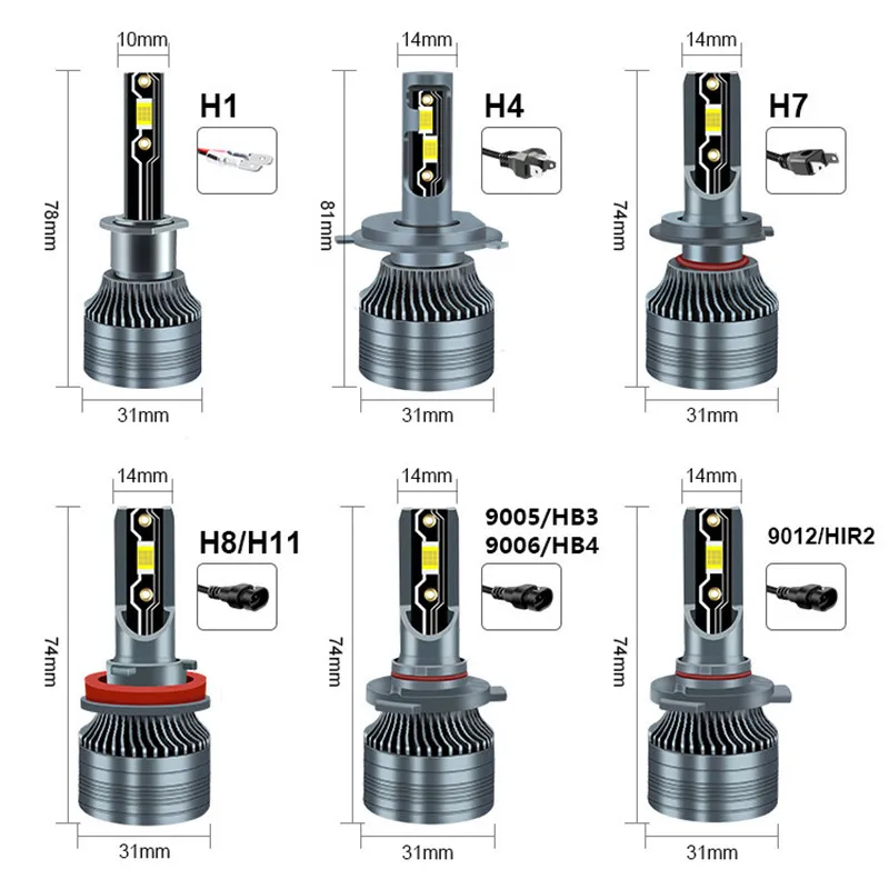 2PCS Car LED Headlight Bulbs CSP 12V 60W 6000K 8000LM  H1 H4 H7 H8 H11 9005 HB3 9006 HB4 9012 High Beam Low Beam Lights Fog Lamp