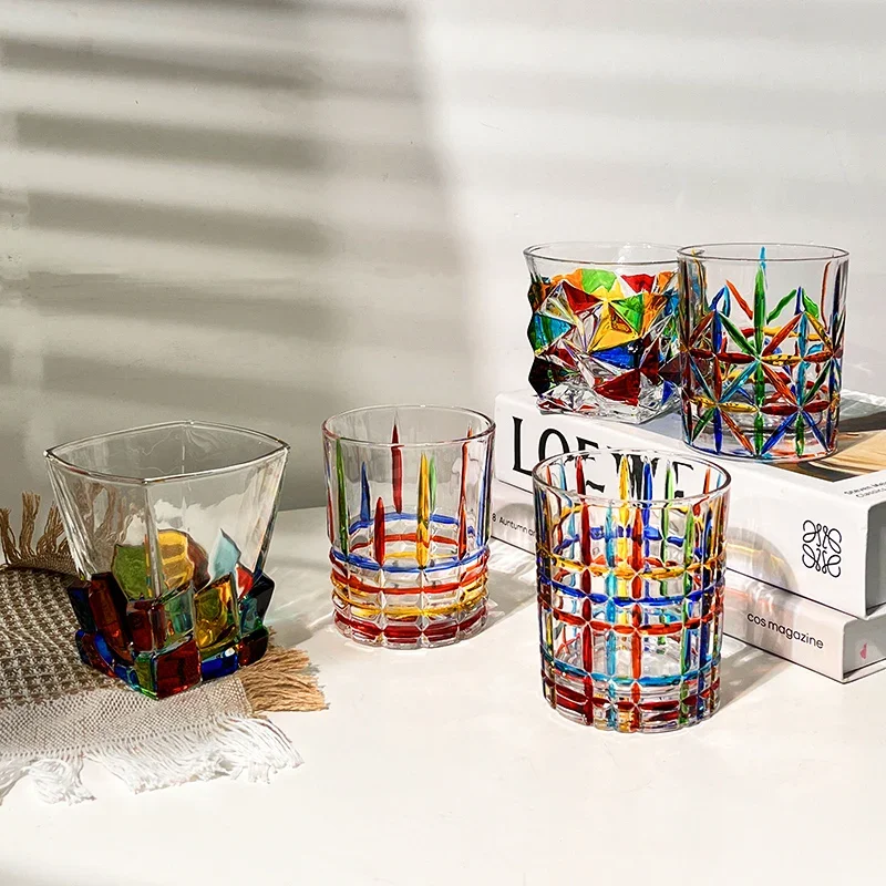 European Style Colored Painted Crystal Glass Whiskey Cup, Household Water Cup, Tea Cup, Colored Woven Grain Glass Water Cp
