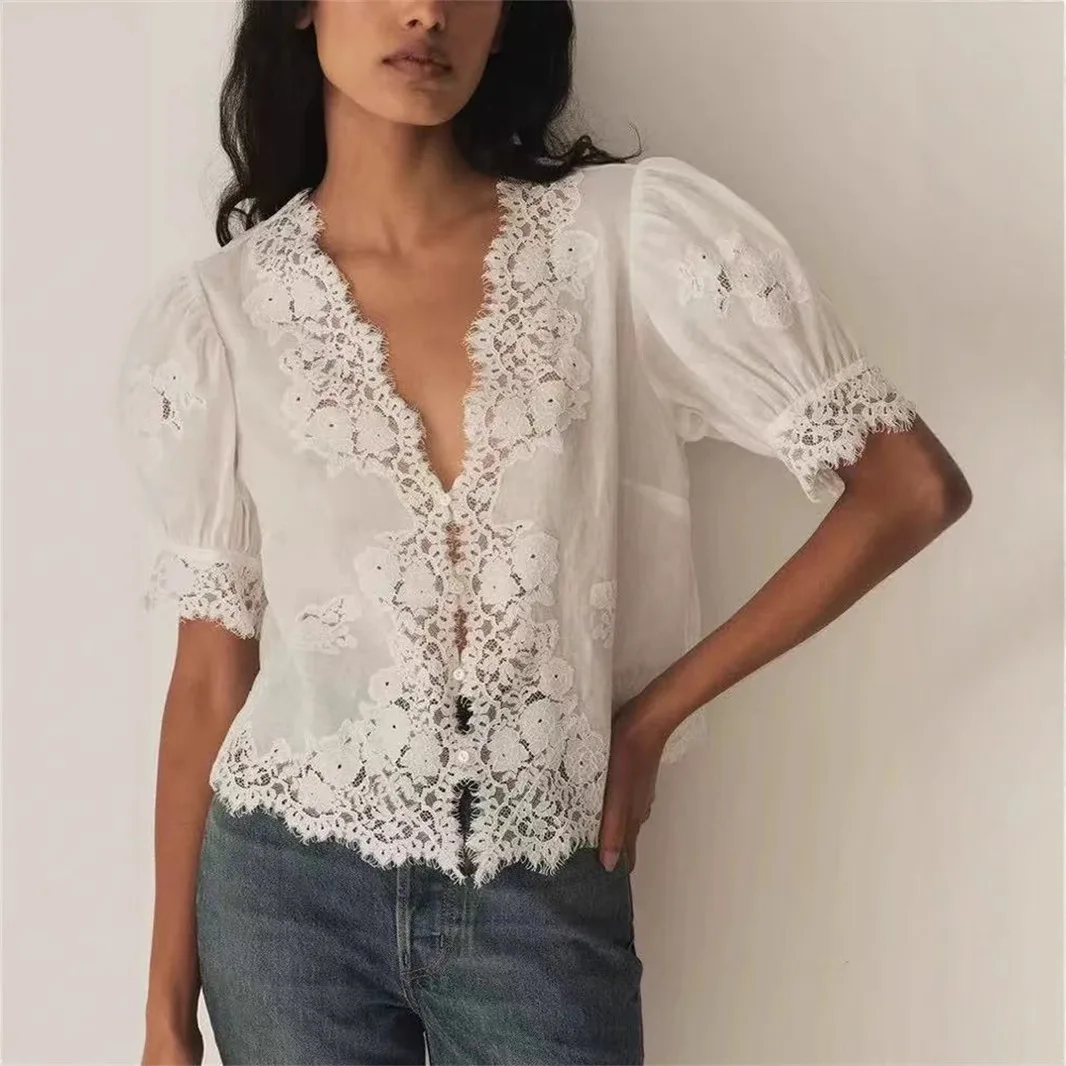 

Women's white lace hollow shirt V-neck puff sleeve ramie elegant top