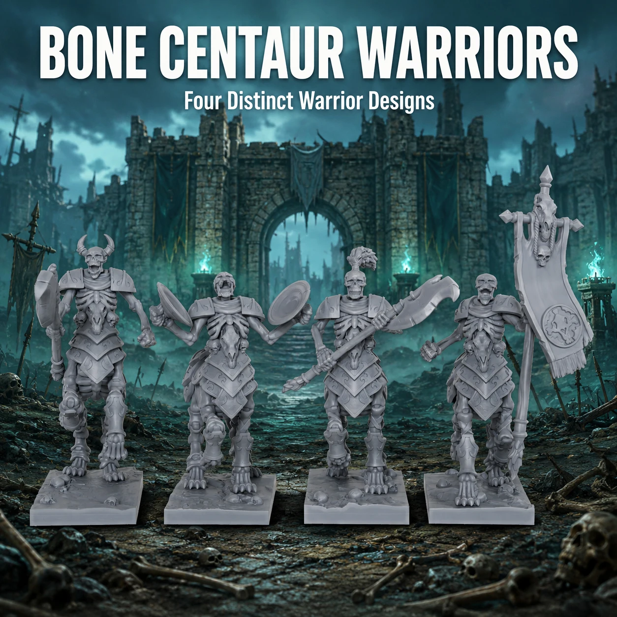 Fantasy Bone Centaur Miniatures, 28mm 1:56 Scale Detailed Skeletal Figures with Bases for TTRPG Games and Dark Fantasy Dioramas