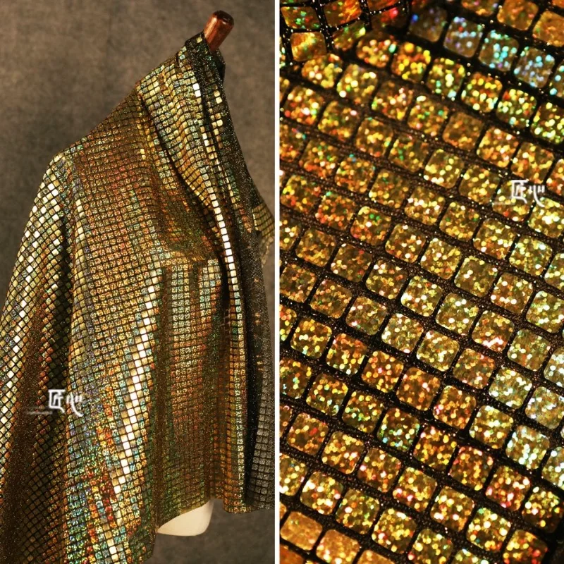 50*100cm Symphony Metallic Dark Gold Plaid Fabrics Mirror Reflective Cloth Mesh Sequin Garment Fabric By The Meter