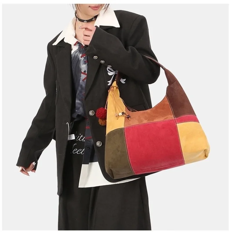 

Модная сумка-тоут из искусственной кожи с пэчворком и застежкой, большая вместимость, для поездок на работу, прочная, хит продаж, универсальная, повседневная, молодежная, на плечо