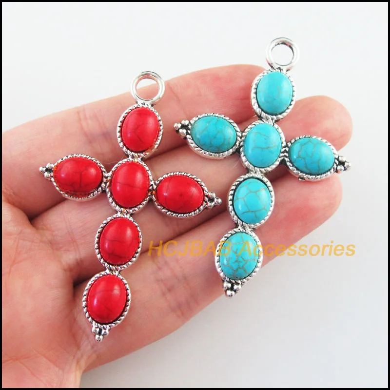 2Pcs Retro Tibetan Silver Tone Cross Oval Blue&Red Stone Charms Pendants 40.5x61mm