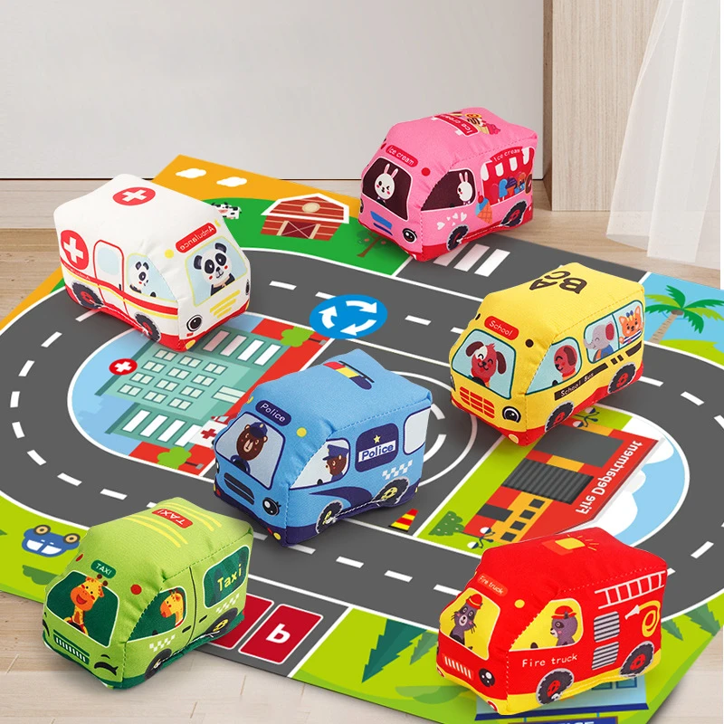 Juguetes para bebés Montessori, coche de tela suave con bolsa de almacenamiento de mapas de coches de tráfico para niños de 1, 2 y 3 años, vehículos para niños pequeños, regalo de cumpleaños