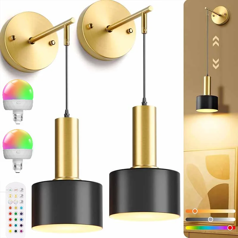 2 Piece LED Rechargeable Wall Light Set, Modern Iron Art Wall Lamp, RGB Remote Control Indoor Decor Lighting Study Living Room