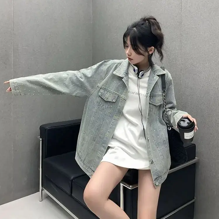 

Heavy Industry Hot Diamond Denim Jacket Design Women'S Spring New Korean Style Wear Lapel Loose Versatile Jacket Top