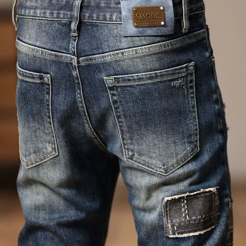 Street Fashion Men Jeans Retro Washed Blue Stretch Skinny Fit Ripped Jeans Men Patched Designer Hip Hop Denim Pencil Pants Homme